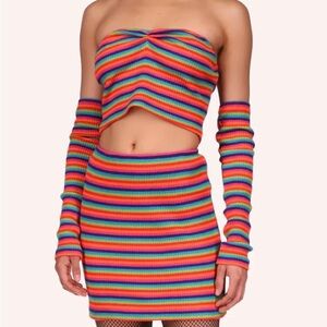 Anna Sui rainbow striped tube top, mini skirt & arm warmer set